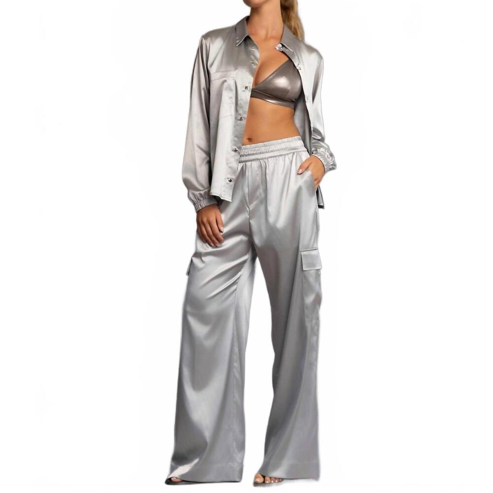 NEW HEROINE SPORT satin snap closure shirt in silver - Picture 4 of 5